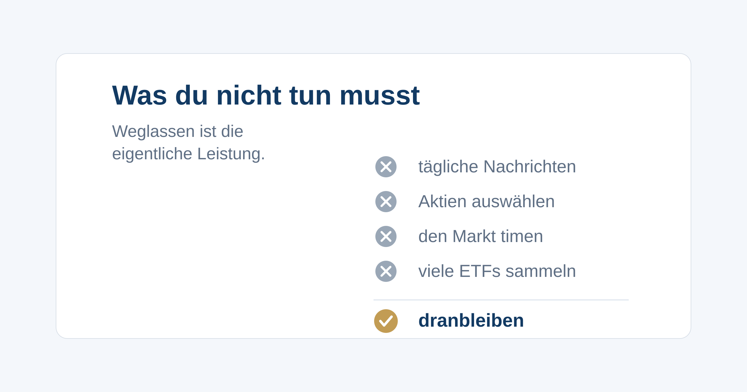 Warum du keine Aktien auswählen, den Markt nicht timen und nicht täglich Nachrichten verfolgen musst, um langfristig erfolgreich zu investieren.